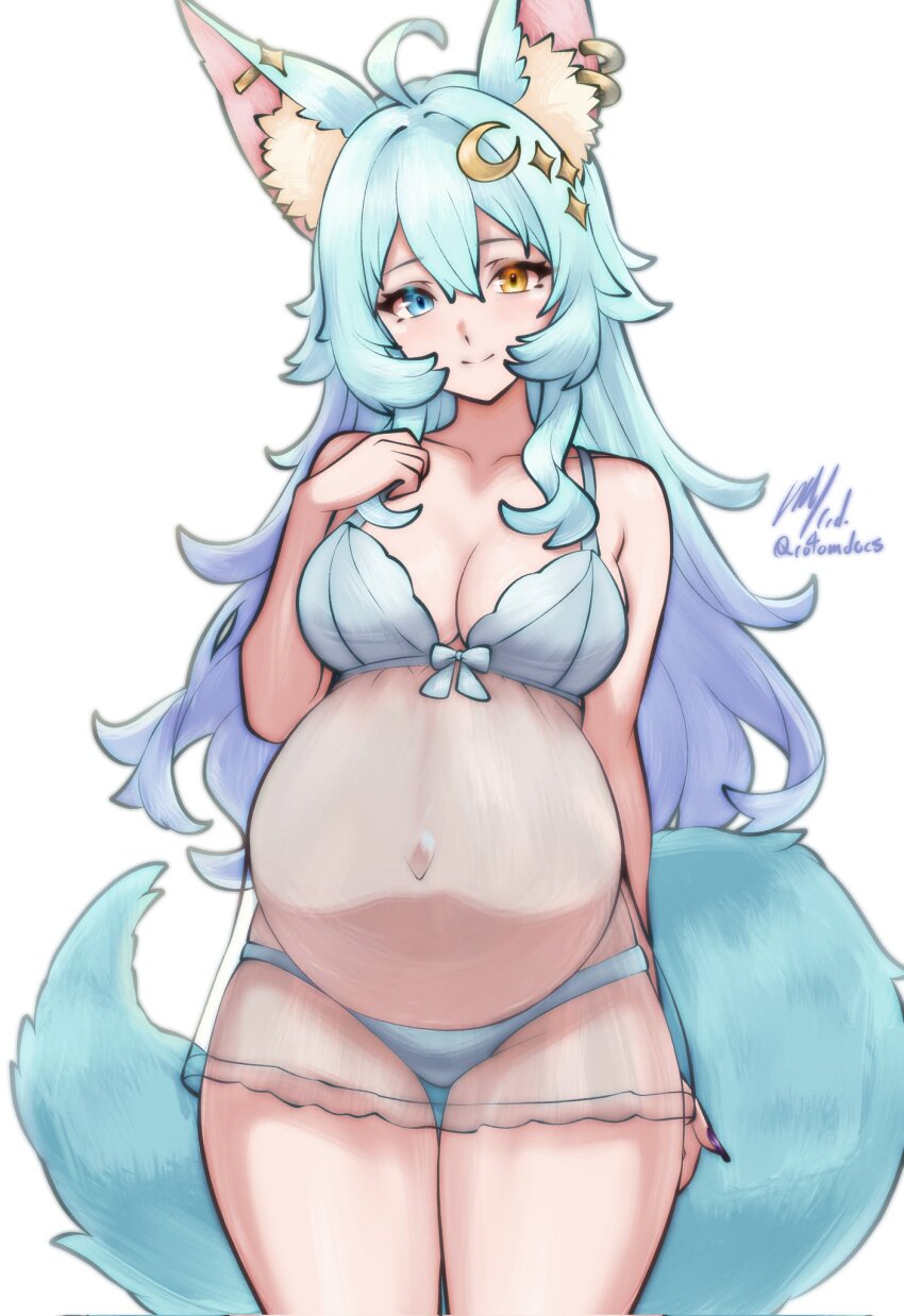 1girl, animal_ear_fluff, animal_ear_piercing, animal_ears, aqua_hair, blue_eyes, bow, bow_bra, bra, breasts, commentary, cowboy_shot, crescent, crescent_hair_ornament, english_commentary, fera_lune, fingernails, fox_ears, fox_tail, full_cleavage, hair_between_eyes, hair_ornament, hand_on_own_chest, heterochromia, highres, lingerie, long_fingernails, long_hair, looking_at_viewer, medium_breasts, navel, negligee, original, panties, pregnant, rotomdocs, signature, simple_background, smile, solo, tail, thigh_gap, twitter_username, underwear, white_background, white_bra, white_panties, yellow_eyes