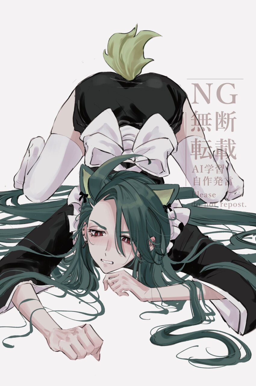 1girl, all_fours, alternate_costume, animal_ears, back_bow, blush, bow, bright_pupils, cosplay, fake_animal_ears, green_hair, grimace, long_hair, maid, mtkpasta, nintendo, pokemon, pokemon_scarlet_and_violet, rika_(pokemon), solo, sprigatito, sprigatito_(cosplay), thighhighs, top-down_bottom-up, white_background