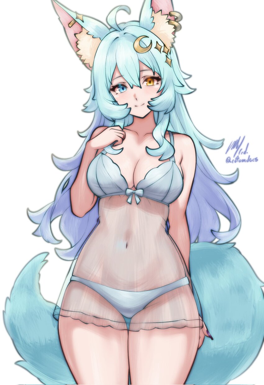 1girl, animal_ear_fluff, animal_ear_piercing, animal_ears, aqua_hair, blue_eyes, bow, bow_bra, bra, breasts, cowboy_shot, crescent, crescent_hair_ornament, fera_lune, fingernails, fox_ears, fox_tail, full_cleavage, hair_between_eyes, hair_ornament, hand_on_own_chest, heterochromia, highres, lingerie, long_fingernails, long_hair, looking_at_viewer, medium_breasts, navel, negligee, original, panties, rotomdocs, signature, simple_background, smile, solo, tail, thigh_gap, twitter_username, underwear, white_background, white_bra, white_panties, yellow_eyes