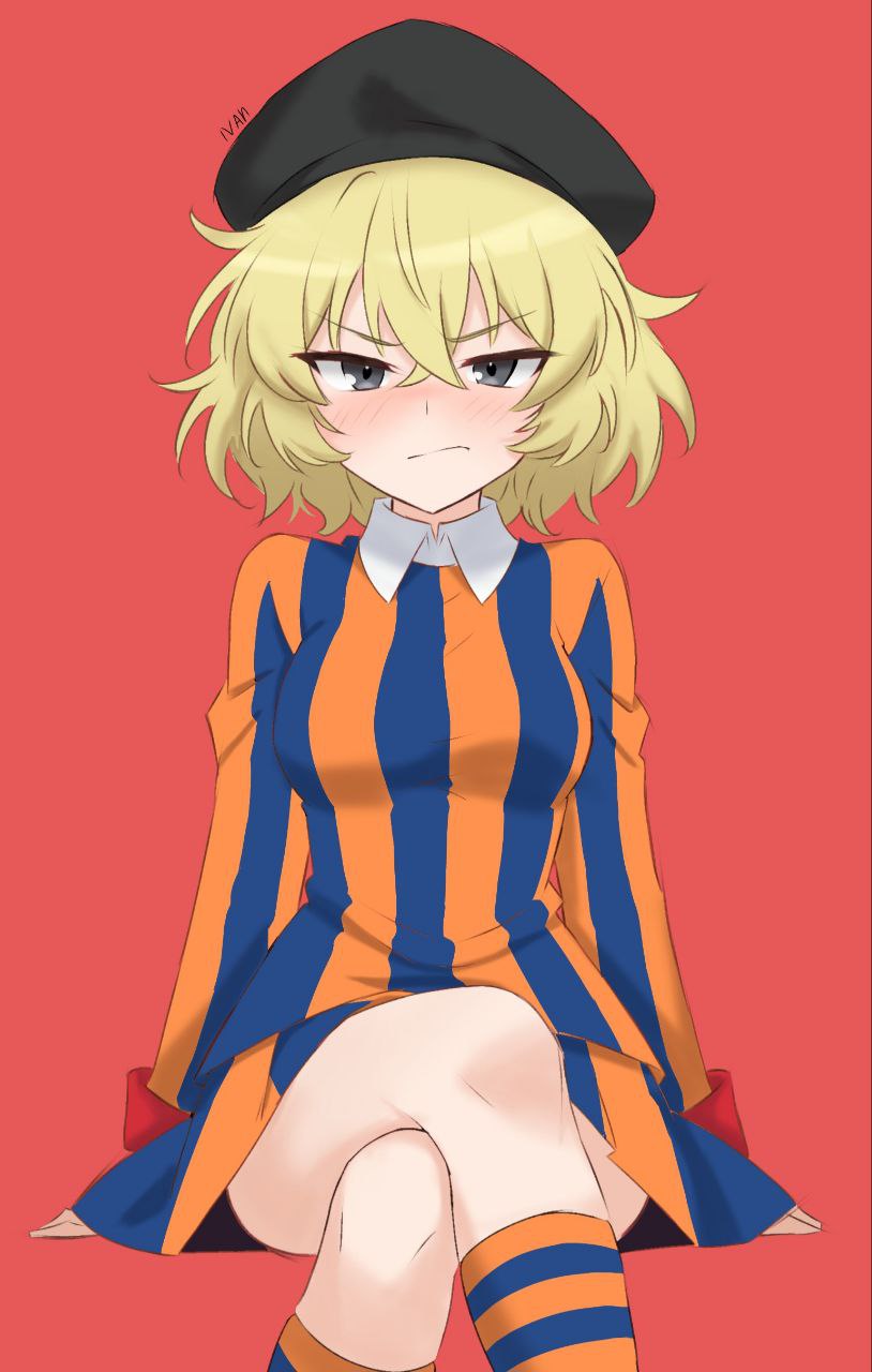 beret, black_hat, blonde_hair, blouse, blue_shirt, blue_skirt, blue_socks, blush