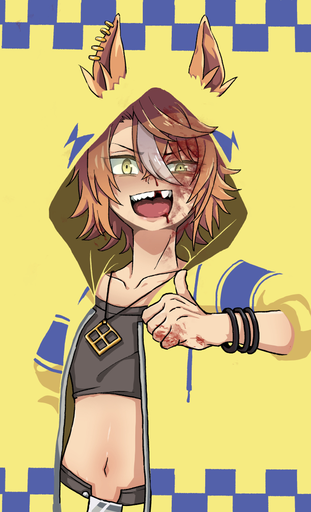 1girl, animal_ears, blending, blood, blood_on_face, collarbone, commentary_request, dicta_striker_(umamusume)