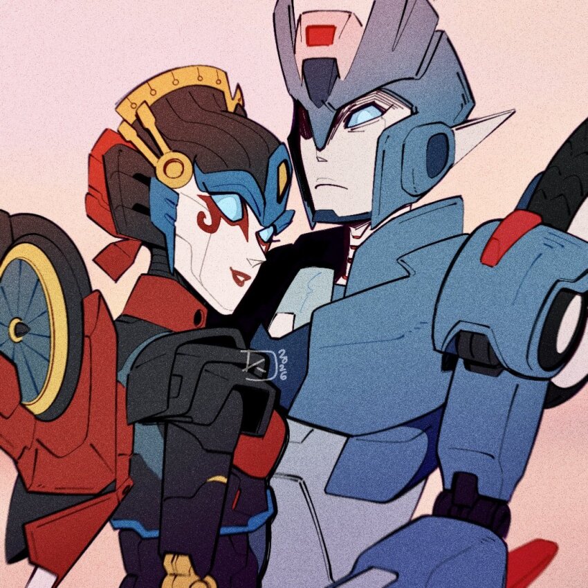 2girls, airplane_wing, blue_eyes, chromia, geisha, helmet, humanoid_robot, mechanical_wings