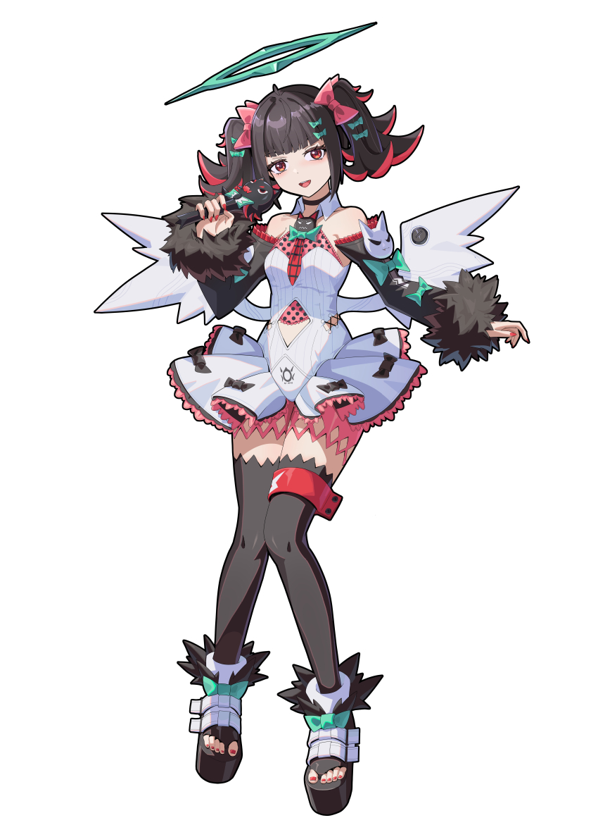 1girl, absurdres, bare_shoulders, black_choker, black_hair, black_thighhighs, blunt_bangs, bow