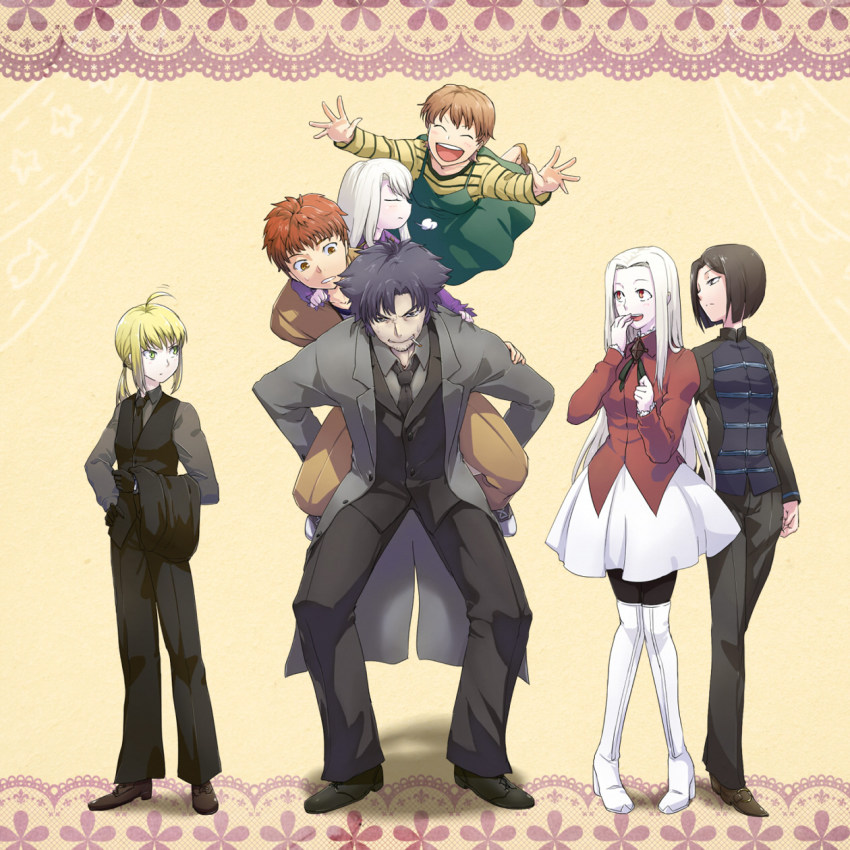 2boys, 5girls, adoptive_parent_and_adoptive_child, age_difference, aged_down, ahoge, artoria_pendragon_(fate), black_hair, blonde_hair, border, brother_and_sister, carrying, doily, emiya_family_(fate), emiya_kiritsugu, emiya_shirou, facial_hair, family, fate/stay_night, fate/zero, fate_(series), father_and_child, father_and_daughter, father_and_son, formal_clothes, fujimura_taiga, highres, hisau_maiya, illyasviel_von_einzbern, irisviel_von_einzbern, lace, lace_border, mother_and_child, mother_and_daughter, mother_and_son, multiple_boys, multiple_girls, necktie, ornate_border, pant_suit, pants, pantyhose, parent_and_child, piggyback, ponytail, red_hair, saber_(fate), siblings, stubble, suit, tamago_(pixiv17968), thighhighs, time_paradox, torinoko_tamago, vest, waistcoat, white_hair