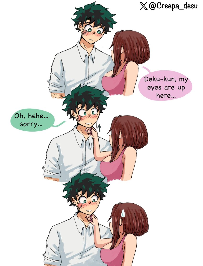 1boy, 1girl, artist_name, bare_shoulders, blush, boku_no_hero_academia, breasts, brown_hair