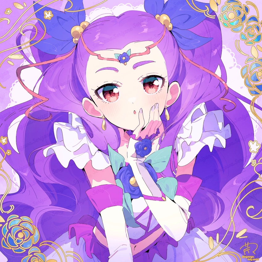 1girl, :o, arm_warmers, blue_bow, blue_flower, bow, brown_eyes, circlet