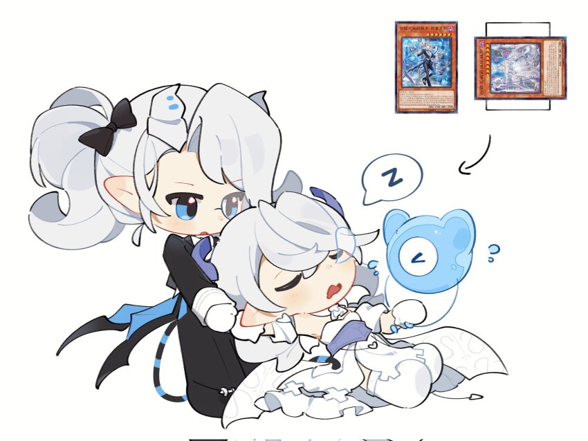 2girls, arias_the_labrynth_butler, black_jacket, black_pants, butler, commentary_request, demon_girl, demon_horns