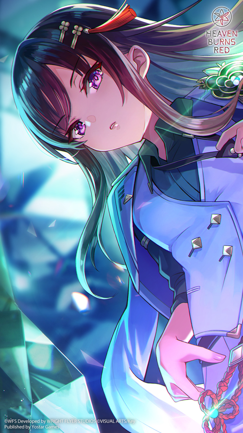 1girl, adjusting_clothes, adjusting_necktie, belt, black_belt, black_hair, black_necktie, blurry