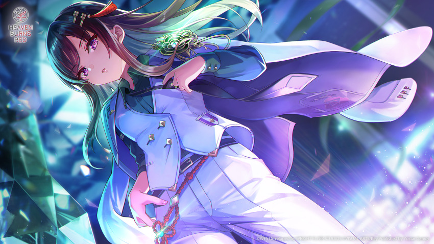 1girl, adjusting_clothes, adjusting_necktie, belt, black_belt, black_hair, black_necktie, blurry