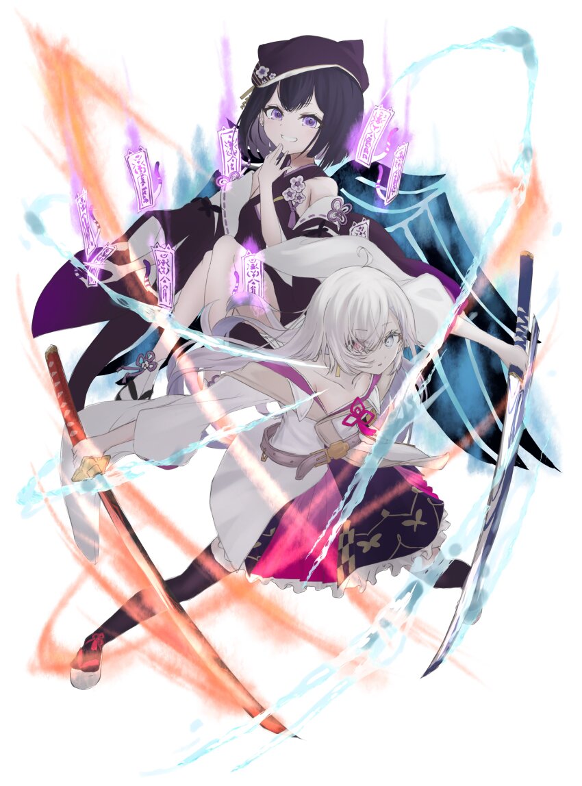 2girls, absurdres, ahoge, black_dress, black_hair, black_hat, black_kimono, black_thighhighs, c_omon_n, colored_inner_hair, dress, grey_eyes, grey_hair, hat, heterochromia, highres, holding, holding_sword, holding_weapon, japanese_clothes, katana, kimono, long_hair, medium_hair, multicolored_hair, multiple_girls, murasaki_(reverseblue), ofuda, purple_eyes, red_eyes, reverseblue_x_re-birthend, shia_(reverseblue), sword, thighhighs, weapon, white_kimono