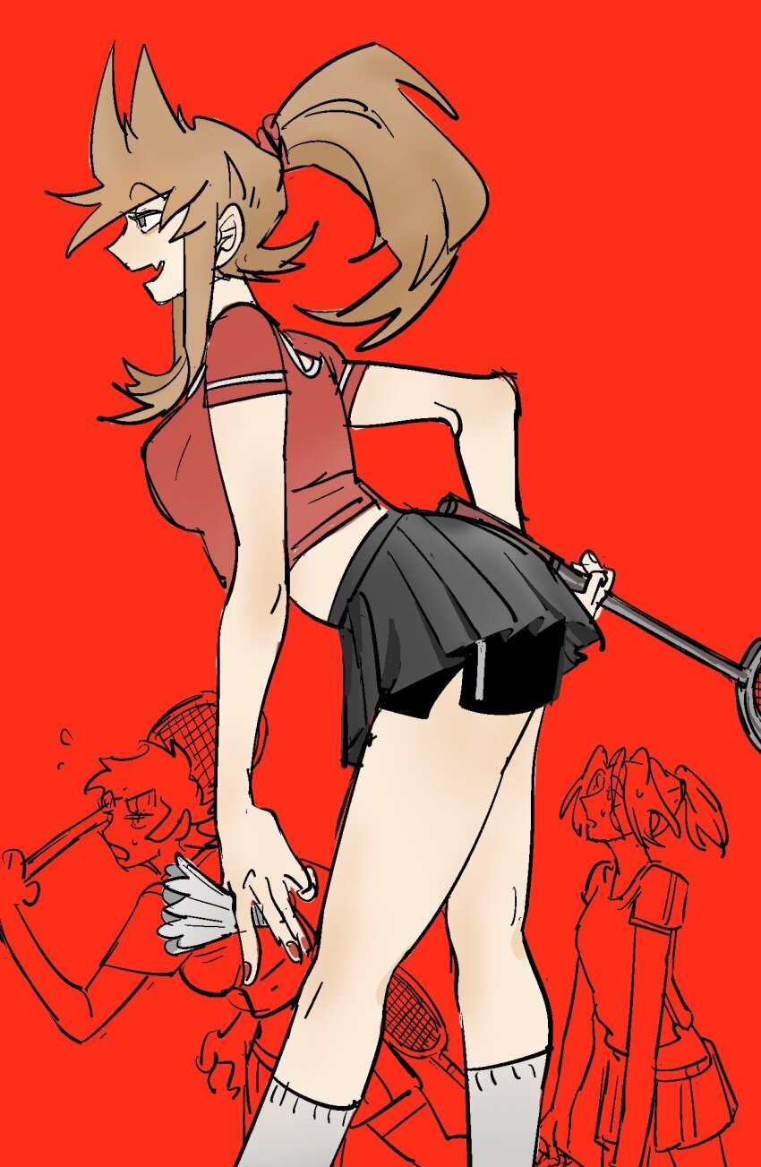 3girls, alternate_costume, alternate_hairstyle, androgynous, animification, black_shorts, black_skirt, breasts