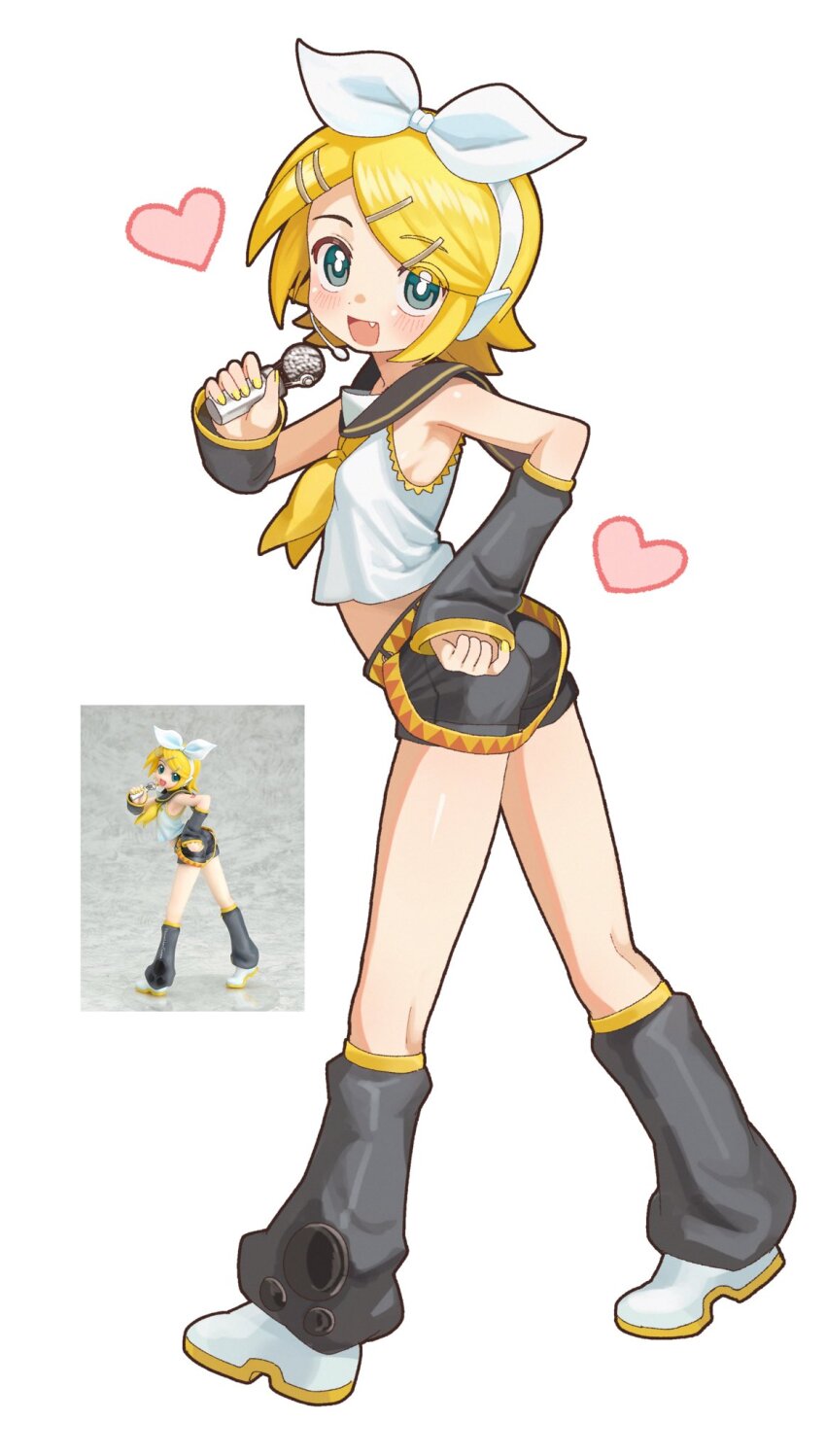 1girl, aqua_eyes, arched_back, bare_shoulders, blonde_hair, bow, breasts, commentary, fang, figure-referenced, full_body, funifuchan, hair_ornament, hairclip, headphones, headset, heart, highres, holding, holding_microphone, kagamine_rin, leg_warmers, looking_at_viewer, microphone, neckerchief, open_mouth, parallel_hairclips, photo-referenced, photo_inset, real_life_insert, reference_inset, short_hair, simple_background, small_breasts, smile, thighs, vocaloid, white_background, white_bow, yellow_nails, yellow_neckerchief, yellow_trim