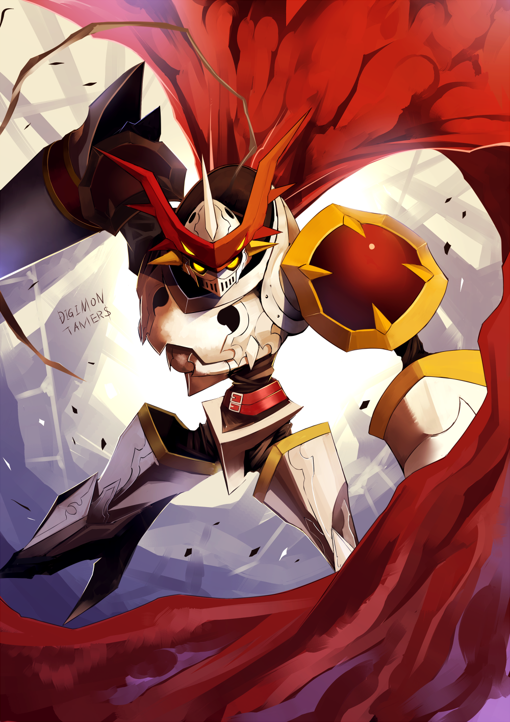 00s, armor, bad_id, bad_pixiv_id, cape, digimon, digimon_(creature), digimon_tamers, dukemon, epic, hajime_(hajime-ill-1st), highres, monster, no_humans, royal_knights, solo