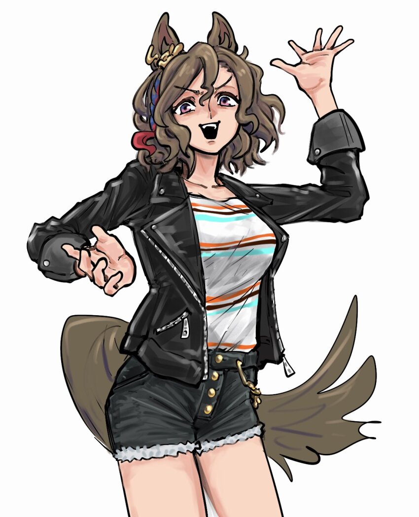 1girl, animal_ears, black_jacket, black_shorts, breasts, brown_hair, collarbone, commentary