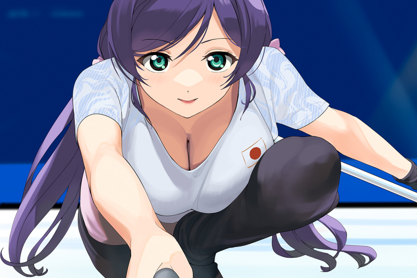1girl, 2026_winter_olympics, a1_(initial-g), alternate_costume, aqua_eyes, black_gloves, black_pants, breasts, cleavage, commentary_request, curling, downblouse, flag_print, gloves, hair_ornament, hair_scrunchie, japanese_flag, japanese_flag_print, jersey, kneeling, large_breasts, long_hair, looking_at_viewer, love_live!, love_live!_school_idol_project, low_twintails, olympics, pants, parted_bangs, parted_lips, pink_scrunchie, purple_hair, scrunchie, shirt, short_sleeves, single_glove, skating_rink, solo, swept_bangs, tojo_nozomi, twintails, v-shaped_eyebrows, white_shirt