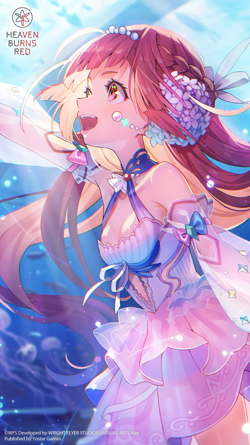 1girl, :d, bare_shoulders, blue_bow, blunt_bangs, blurry, blurry_background, bow