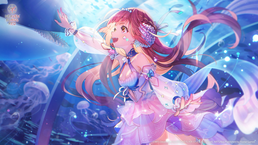 1girl, :d, bare_shoulders, blue_bow, blunt_bangs, blurry, blurry_background, bow