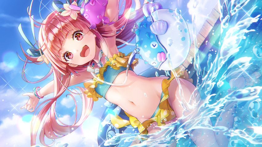 1girl, :d, animal_print, armpits, bead_necklace, beads, bikini, blue_bikini