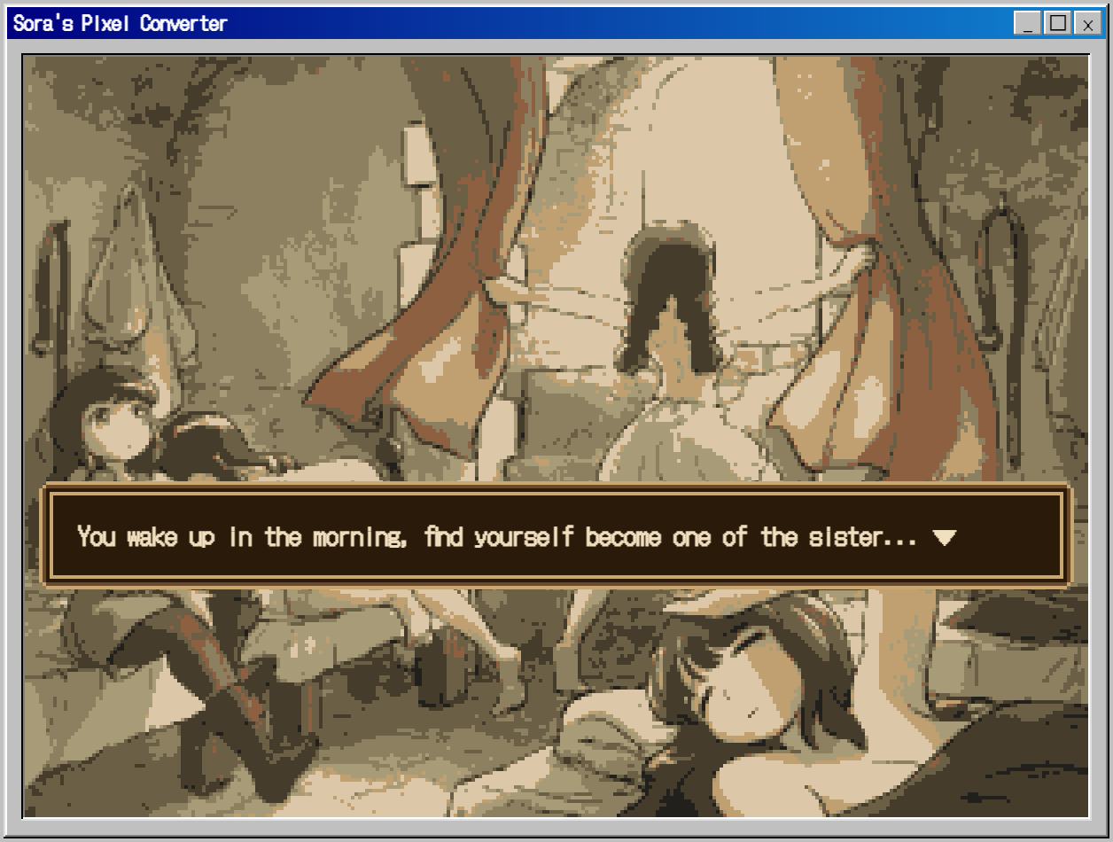 4girls, back, bed, belt, bloomers, boots, braid, breasts, brown_hair, character_request, commentary, curtain_grab, curtains, day, dressing, english_commentary, english_text, hair_down, indoors, ironlily, jug_(bottle), long_hair, medieval, morning, multiple_girls, opening_window, ordo_mediare_sisters_(ironlily), pixel_art, putting_on_footwear, sheath, shoes, sideboob, sitting, sora's_pixel_converter, stone_floor, stone_wall, sword, topless_female, twin_braids, twin_braids_sister_(ironlily), under_covers, underwear, waking_up, weapon, window