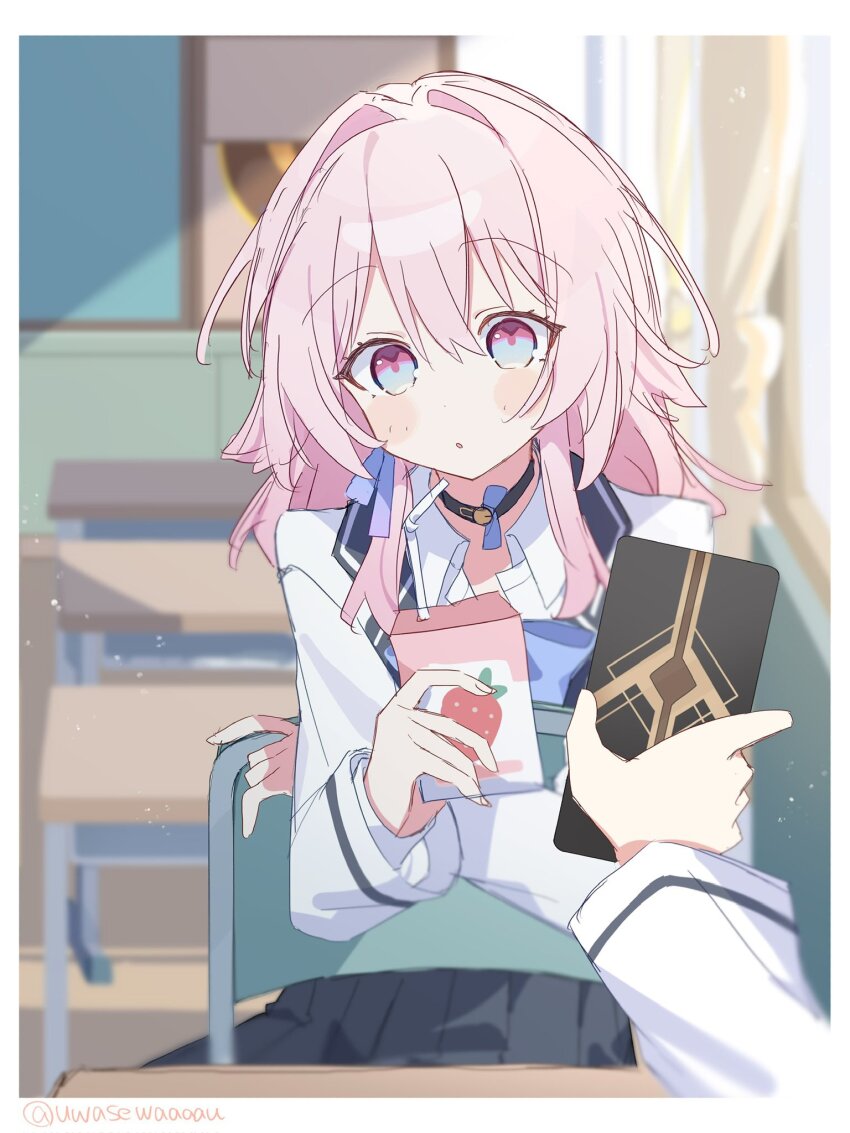 2girls, black_choker, black_skirt, blazer, blue_bow, blue_bowtie, blue_eyes, bow, bowtie, chair, choker, classroom, contrast_collar, desk, drink_carton, drinking_straw, female_pov, graphia_academy_school_uniform, highres, holding, holding_juice_box, holding_phone, honkai:_star_rail, honkai_(series), indoors, jacket, juice_box, long_hair, long_sleeves, looking_at_viewer, march_7th_(honkai:_star_rail), multicolored_eyes, multiple_girls, official_alternate_costume, on_chair, phone, pink_eyes, pink_hair, pleated_skirt, pov, pov_hands, school_chair, school_desk, school_uniform, shirt, sitting, skirt, stelle_(honkai:_star_rail), trailblazer_(honkai:_star_rail), twitter_username, two-tone_eyes, uwasewau, white_jacket, white_shirt, window