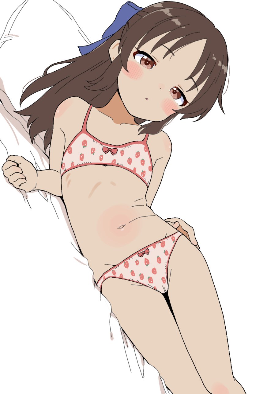 1girl, bed, blush, bra, cameltoe, flat_chest, food_print, fruit_print