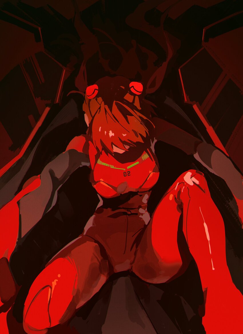 1girl, absurdres, bodysuit, commentary, eva_02, hair_between_eyes, highres, mecha, mecha_pilot_suit, neon_genesis_evangelion, orange_bodysuit, orange_hair, plugsuit_(evangelion), red_bodysuit, robot, rrumirumi_x, solo, souryuu_asuka_langley