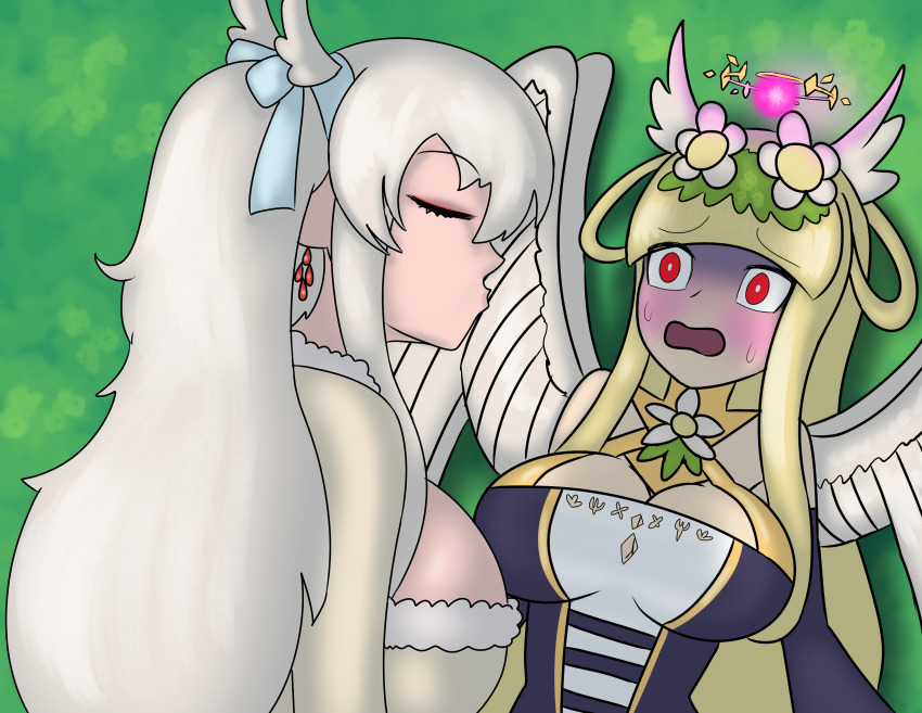 2girls, blonde_hair, blush, breasts, chaos_therese_(grimms_notes), grass, grey_hair, grimms_notes