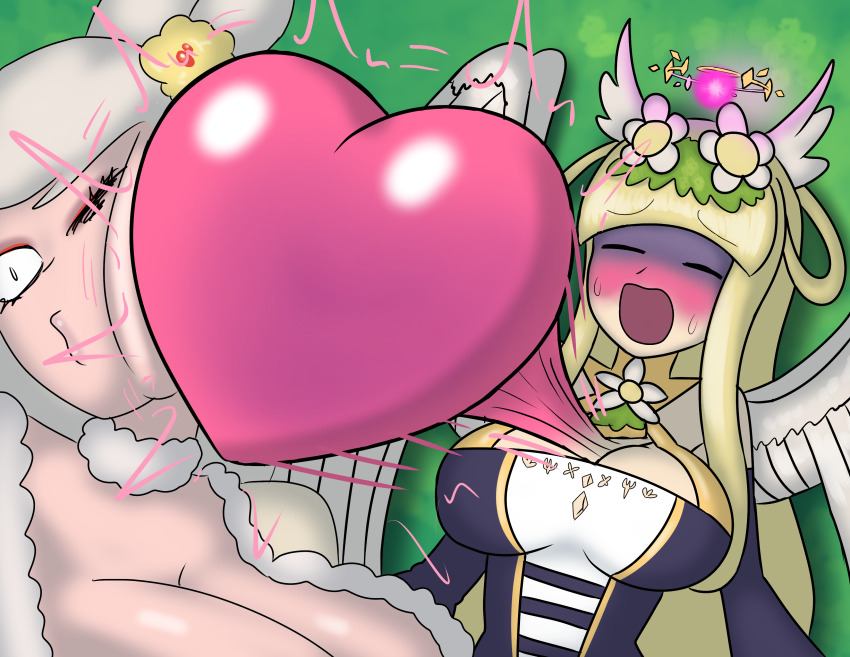 blonde_hair, blush, breasts, chaos_therese_(grimms_notes), closed_eyes, grey_hair, grimms_notes, heartbeat