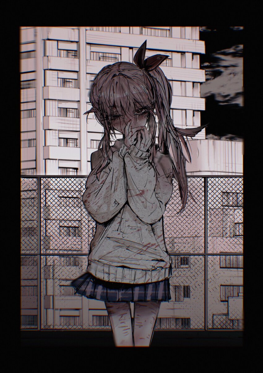 1other, akiyama_mizuki, bags_under_eyes, black_border, black_sky, blood, blood_from_forehead, blood_in_hair, blood_on_clothes, blood_on_face, blood_on_hands, blurry, blush, border, bow, brown_bow, building, chain-link_fence, chromatic_aberration, commentary_request, covered_mouth, covering_own_mouth, cowboy_shot, crying, crying_with_eyes_open, depth_of_field, double-parted_bangs, fence, hair_between_eyes, hair_bow, hair_intakes, head_tilt, high_side_ponytail, highres, jinba_(jinbarta2), kamiyama_high_school_uniform_(project_sekai), long_hair, long_sleeves, looking_at_viewer, messy_hair, miniskirt, night, other_focus, outdoors, own_hands_together, pink_eyes, pink_hair, plaid_clothes, plaid_skirt, project_sekai, puffy_long_sleeves, puffy_sleeves, purple_skirt, school_uniform, self-harm, side_ponytail, sidelocks, skinny, skirt, sky, solo, standing, straight-on, sweater, tears, uneven_eyes, white_sweater
