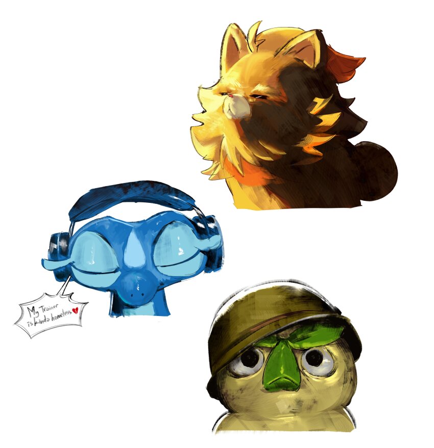 absurdres, browt, closed_eyes, dog_closing_his_eyes_(meme), english_text, gecqua, gen_10_pokemon, hat, headphones, highres, hyde_(tabakko), ishowspeed_trying_not_to_laugh_(meme), meme, military_hat, nintendo, pokemon, pokemon_(creature), pombon, simple_background, speech_bubble, starter_pokemon_trio, thousand_yard_stare, white_background