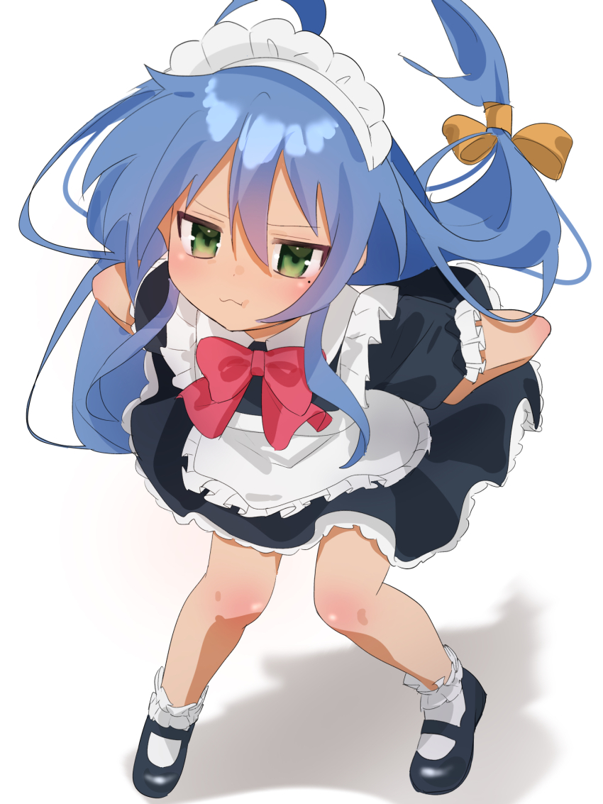 1girl, ahoge, apron, blue_hair, blush, commentary, green_eyes, gsa082rnw