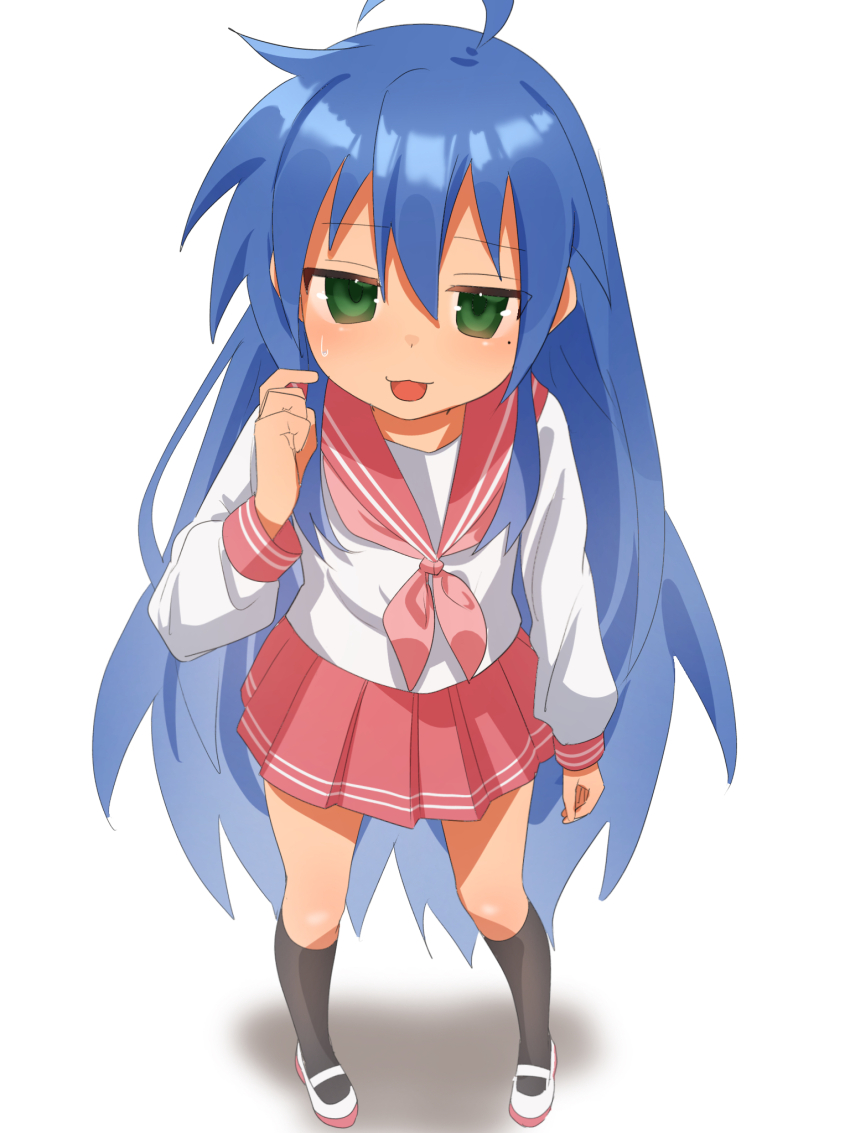 1girl, :3, ahoge, blue_hair, commentary, green_eyes, gsa082rnw, highres, izumi_konata, long_hair, lucky_star, mole, mole_under_eye, red_handkerchief, red_skirt, ryouou_school_uniform, sailor_collar, school_uniform, scratching_cheek, shirt, shoes, skirt, socks, solo, sweatdrop, very_long_hair, white_background, white_shirt