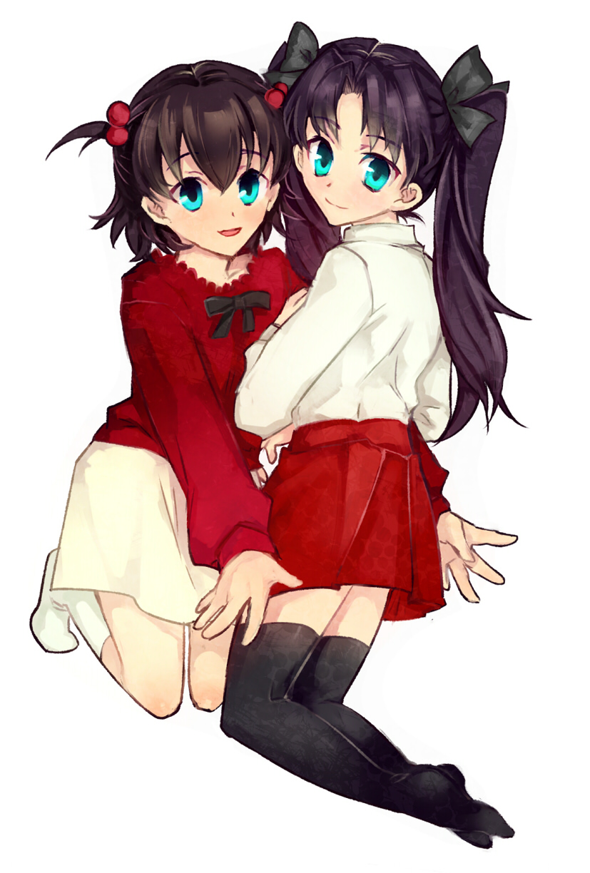 2girls, aged_down, black_hair, black_legwear, blue_eyes, bow, brown_hair, child