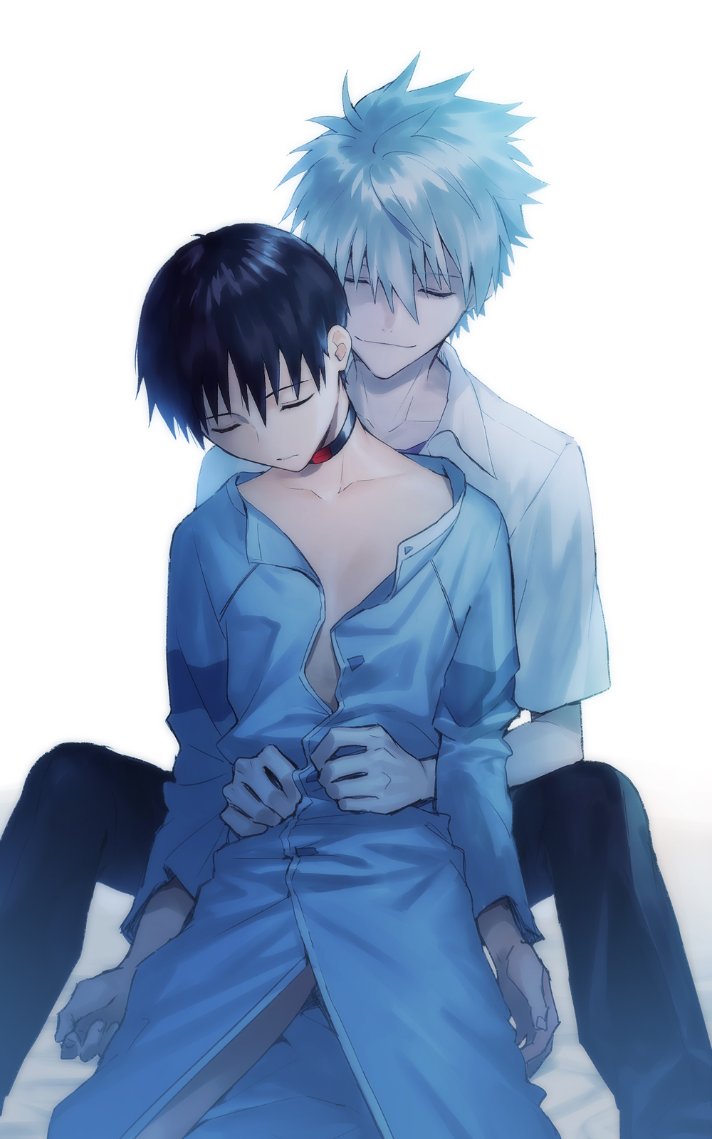 11kkr, 2boys, belt, black_pants, closed_eyes, closed_mouth, collared_shirt, commentary_request