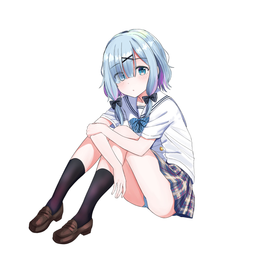 1girl, :o, absurdres, aqua_bow, aqua_bowtie, aqua_panties, black_bow, black_socks