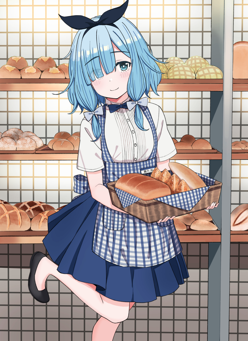 1girl, absurdres, apron, aqua_eyes, bakery, basket, black_bow, black_hairband