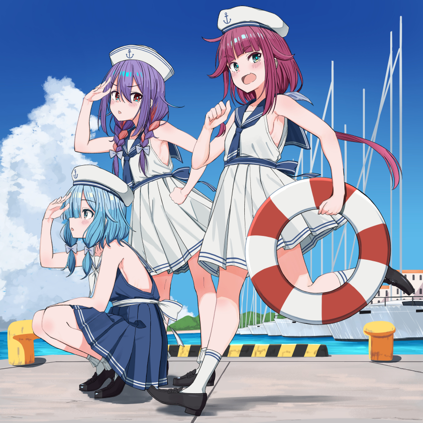 3girls, absurdres, aimoto_asahi_(urushiushiru), aqua_eyes, aqua_pupils, armpits, black_shoes, blue_dress
