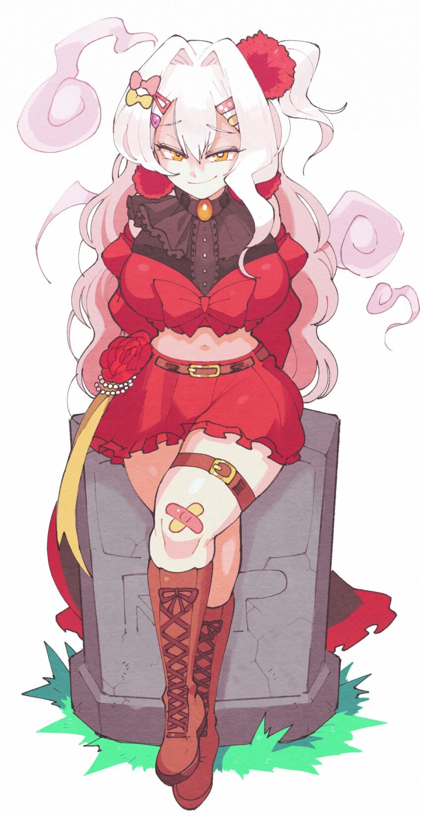 1girl, amonti_ado_(vtuber), boots, bow, breasts, bright_pupils, brown_boots, center_frills