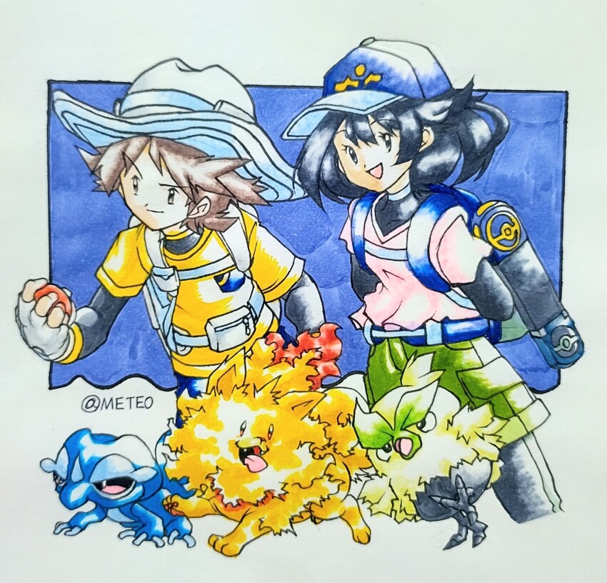 1boy, 1girl, 2026, arms_behind_back, artist_name, backpack, bag, bird, black_bodysuit, black_hair, blue_bag, blue_hat, blue_skin, bodysuit, bodysuit_under_clothes, border, bright_pupils, brown_eyes, brown_hair, browt, clenched_hand, closed_mouth, colored_skin, commentary, cowboy_hat, cropped_legs, dog, fangs, faux_retro_artstyle, feathers, female_protagonist_(pokemon_ww), fingerless_gloves, floral_print_shirt, gecqua, gloves, green_shorts, grey_eyes, hat, highres, holding, holding_poke_ball, layered_sleeves, lizard, long_sleeves, male_protagonist_(pokemon_ww), meteo422837, nintendo, open_mouth, orange_fur, pink_shirt, poke_ball, pokemon, pokemon_(creature), pokemon_winds_and_waves, pombon, shirt, short_hair, short_over_long_sleeves, short_sleeves, shorts, smile, smirk, sugimori_ken_(style), tail, tongue, tongue_out, traditional_media, upper_body, white_gloves, white_pupils, yellow_feathers, yellow_shirt