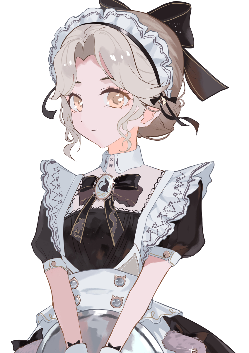 1girl, absurdres, apron, black_bow, black_bowtie, black_dress, blonde_hair, bow