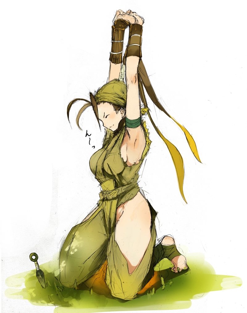 1girl, ankle_wrap, antenna_hair, armpits, bandages, barefoot, brown_hair, capcom