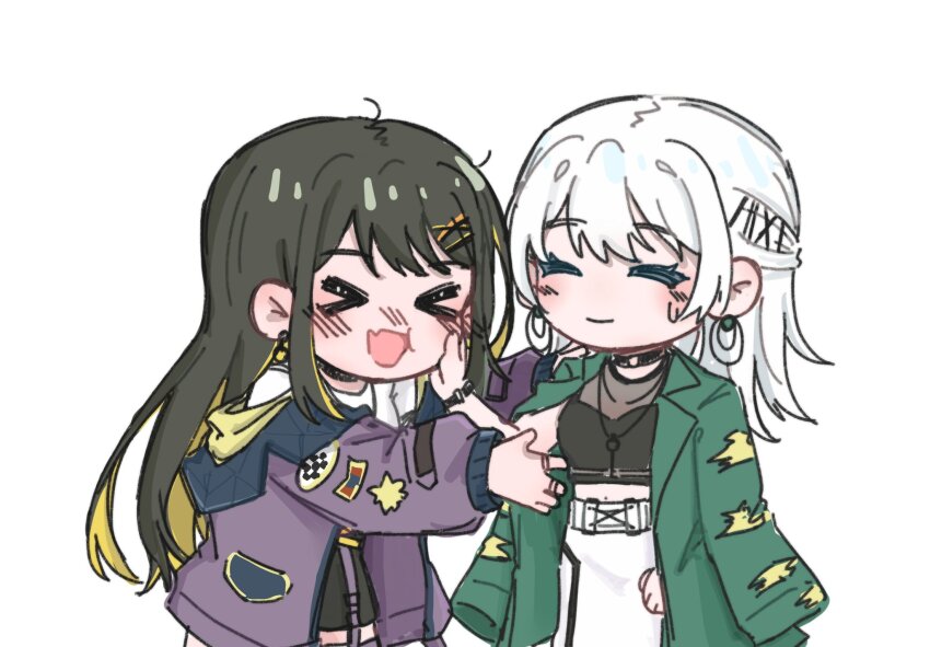 2girls, bang_dream!, bang_dream!_our_notes, black_shirt, blonde_hair, closed_eyes, colored_inner_hair, commentary_request