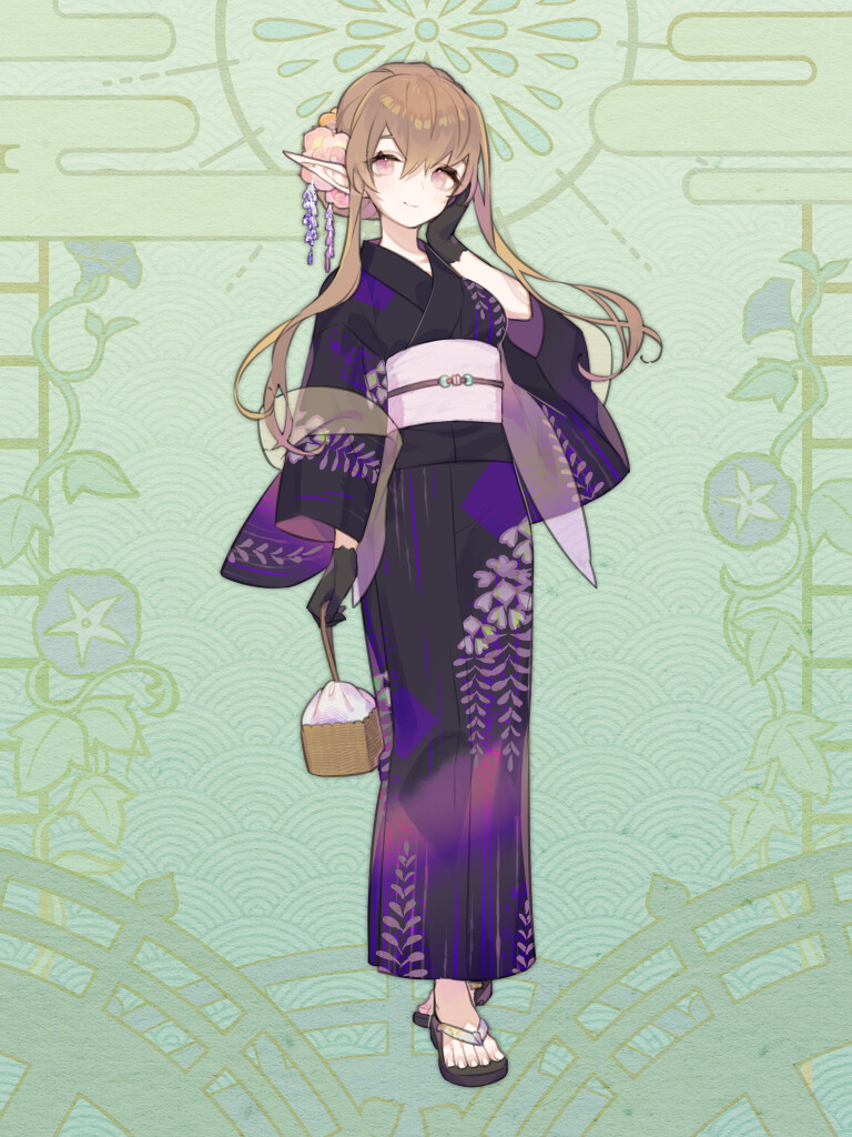 1girl, black_gloves, brown_hair, dairoku_ryouhei, full_body, gloves, green_background, hand_up, japanese_clothes, kimono, kinchaku, misaki_oriai, obi, omuneko_(tw), pointy_ears, pouch, purple_eyes, sandals, sash, solo, standing, twintails, yukata