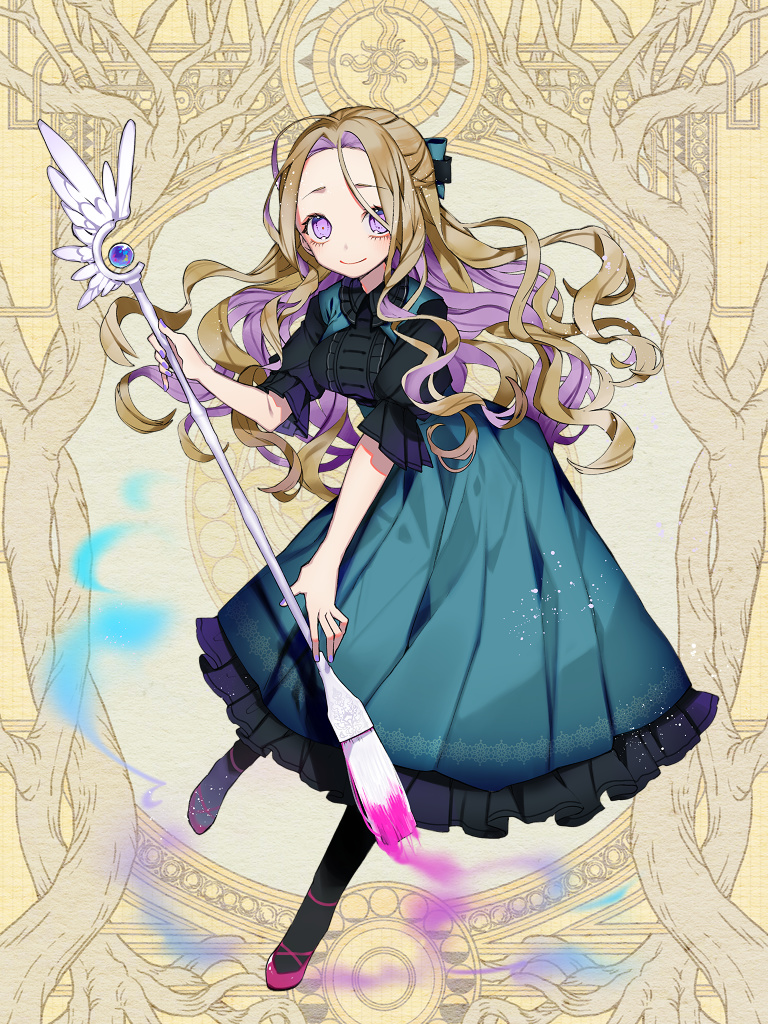 1girl, black_pantyhose, brown_hair, colored_inner_hair, dairoku_ryouhei, dress, full_body, green_dress, holding, holding_staff, komado_kiriko, komekomeko, long_hair, multicolored_hair, paintbrush, pantyhose, purple_eyes, purple_hair, red_shoes, shoes, short_sleeves, staff, very_long_hair, yellow_background