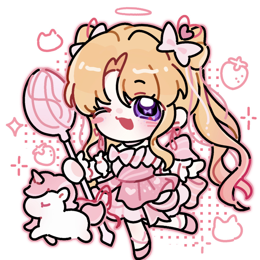 1girl, ankle_ribbon, arm_warmers, back_bow, bare_shoulders, blonde_hair, blush_stickers, bow