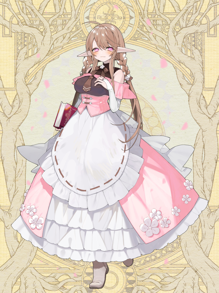 1girl, ahoge, apron, book, braid, breasts, bridal_gauntlets, brown_hair, dairoku_ryouhei, dress, full_body, highres, holding, holding_book, komekomeko, long_hair, long_sidelocks, looking_at_viewer, maid_apron, medium_breasts, misaki_oriai, pink_dress, pink_eyes, pointy_ears, sidelocks, solo, twin_braids, twintails, very_long_hair, yellow_background