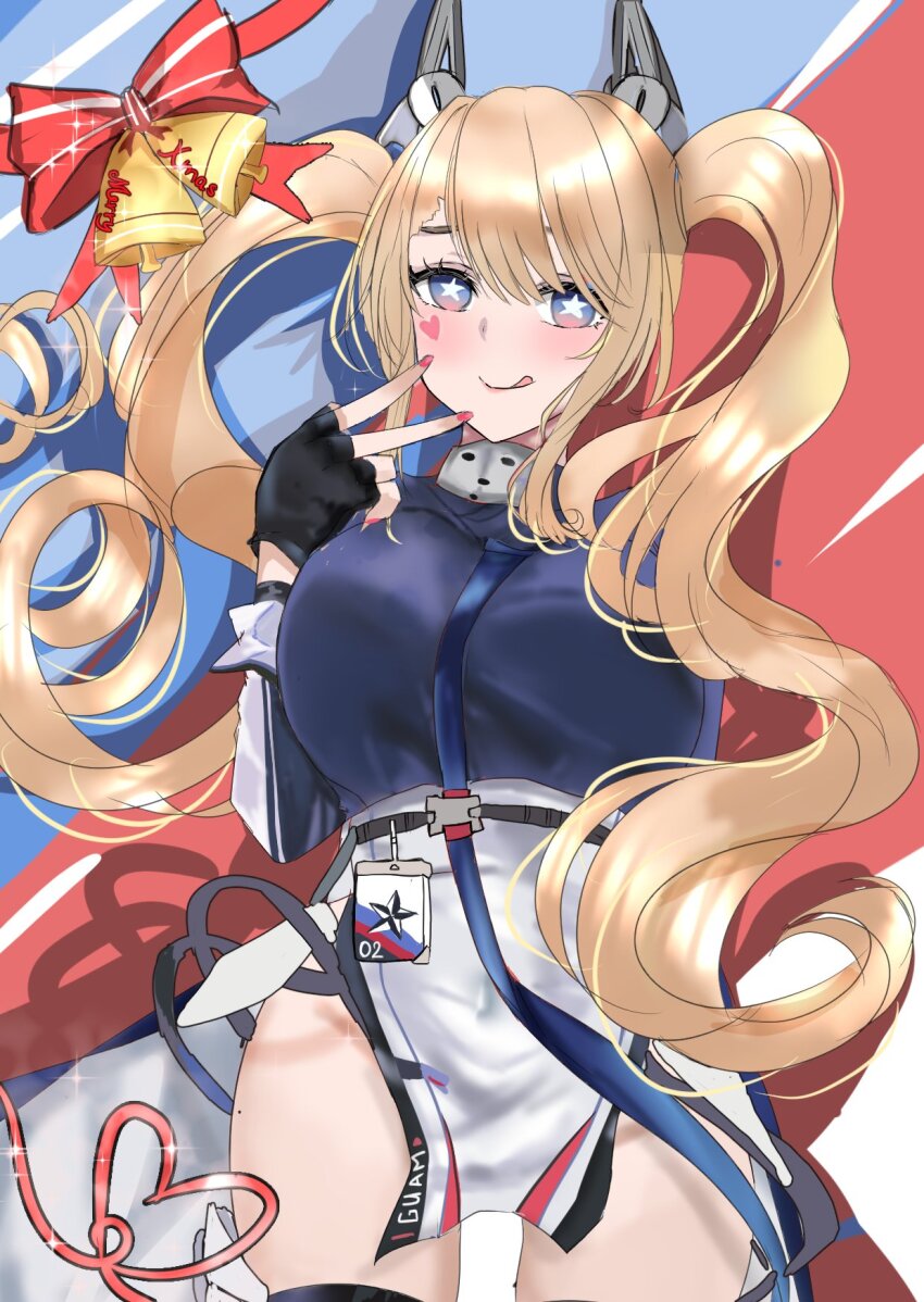 1girl, :q, azur_lane, between_breasts, black_gloves, blush, breasts, commentary