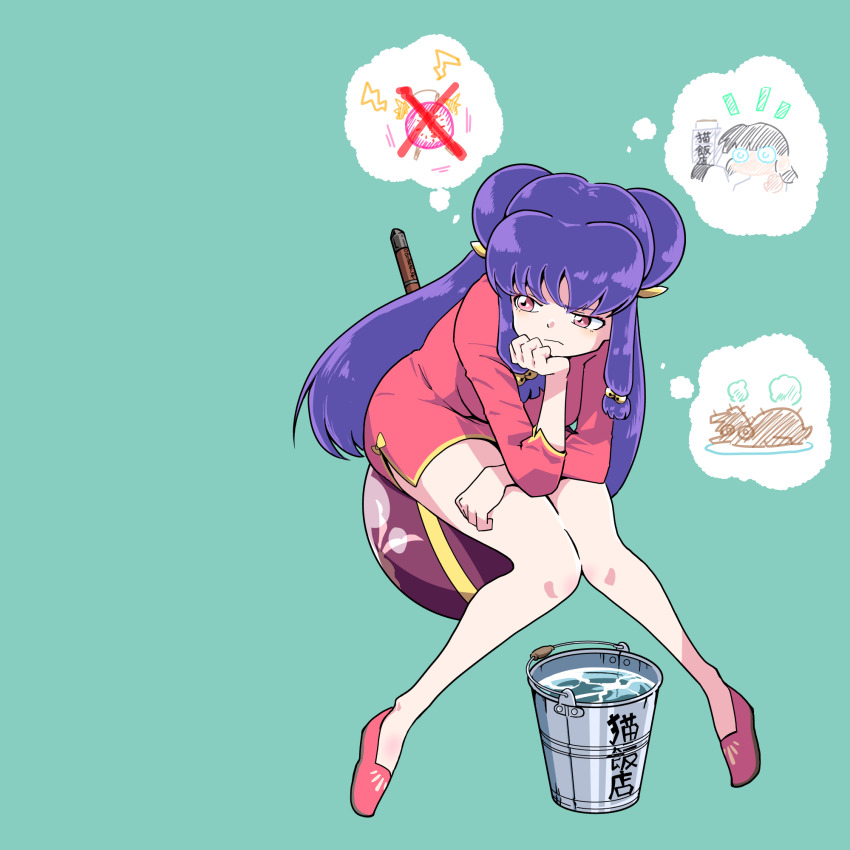1girl, bell, bow, bucket, bucket_of_water, chinese_clothes, chui_(weapon), commentary_request
