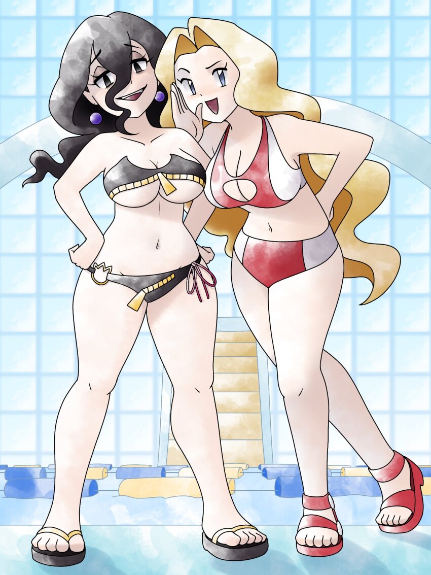 2girls, alternate_breast_size_(larger), alternate_costume, bag, beauty_(pokemon_frlg), black_eyes, black_hair, blonde_hair, breasts, cleavage, commentary, cosplay, earrings, english_commentary, flip-flops, greatmothsucks, grey_eyes, hex_maniac_(pokemon), hex_maniac_(pokemon_legends:_z-a), highres, jewelry, large_earrings, long_hair, looking_at_viewer, misty_(pokemon), misty_(pokemon)_(cosplay), multiple_girls, navel, nintendo, open_mouth, pokemon, pokemon_firered_and_leafgreen, pokemon_legends:_z-a, pokemon_red/green/blue/yellow, sandals, sphere_earrings, swimsuit, teeth, two-tone_swimsuit, underboob, upper_teeth_only, very_long_hair