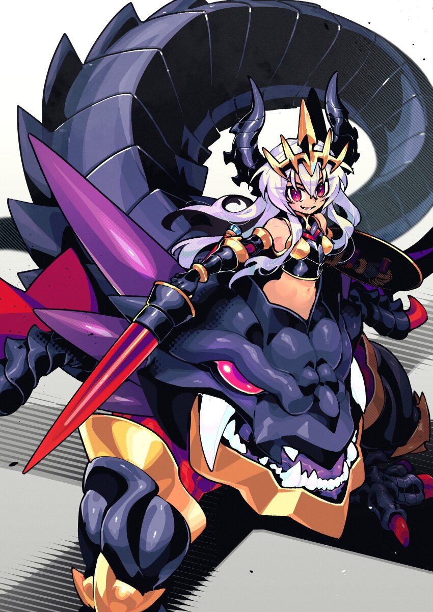 1girl, absurdres, armor, black_armor, black_tail, colored_tongue, commentary_request, dragon